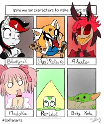 Size: 1005x1200 | Tagged: safe, artist:shinycyan, derpibooru import, oc, oc:blackjack, cyborg, pony, unicorn, fallout equestria, fallout equestria: project horizons, aggretsuko, alastor, baby yoda, crossover, hazbin hotel, horn, madoka kaname, magical girl, peridot (steven universe), puella magi madoka magica, retsuko, sanrio, six fanarts, small horn, star wars, steven universe, the mandalorian