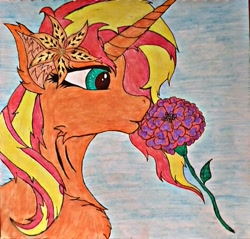 Size: 1605x1536 | Tagged: safe, artist:keshakadens, derpibooru import, sunset shimmer, pony, unicorn, female, flower, mare, simple background, solo, traditional art