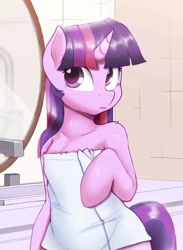 Size: 701x960 | Tagged: safe, artist:spectre-z, derpibooru import, edit, twilight sparkle, unicorn twilight, semi-anthro, unicorn, bathroom, colored pupils, cropped, cute, female, mare, mirror, sfw edit, shoulder fluff, solo, towel, twiabetes