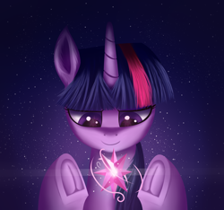 Size: 3200x3000 | Tagged: safe, artist:sanroys, derpibooru import, twilight sparkle, unicorn twilight, pony, unicorn, bust, cutie mark, element of magic, eye reflection, frog (hoof), high res, portrait, reflection, smiling, solo, starry background, underhoof