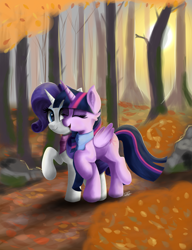 Size: 2300x3000 | Tagged: safe, artist:sadtrooper, derpibooru import, rarity, twilight sparkle, twilight sparkle (alicorn), alicorn, pony, unicorn, autumn, clothes, cute, female, forest, leaves, lesbian, mare, painting, rarilight, scarf, shipping, smiling, tree