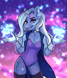 Size: 3000x3500 | Tagged: safe, artist:yashma, derpibooru import, trixie, anthro, unicorn, cape, choker, clothes, cuffs (clothes), cutie mark, ear piercing, earring, female, grin, jewelry, leotard, looking at you, magic, mare, necklace, night, piercing, smiling, solo, stars, ych result