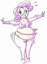 Size: 634x871 | Tagged: safe, artist:secretgoombaman12345, sweetie belle, belly, belly button, fat, humanized, jiggle, measuring tape, muffin top