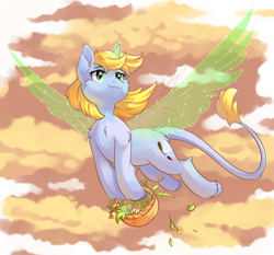 Size: 2700x2512 | Tagged: safe, artist:peachmayflower, derpibooru import, oc, oc only, oc:art's desire, pony, unicorn, artificial wings, augmented, basket, magic, magic wings, solo, wings