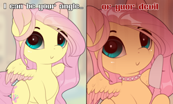 Size: 1300x780 | Tagged: safe, artist:evehly, derpibooru import, fluttershy, angel, pegasus, pony, 2 panel comic, :>, butter knife, c:, choker, chokershy, colored wings, colored wingtips, comic, cute, devil, edgy as fuck, evehly is trying to murder us, female, hoof hold, intentional spelling error, knife, looking at you, meme, misspelling, ponified meme, shyabetes, smiling, solo, spiked choker, spread wings, text, two toned wings, wing fluff, wings