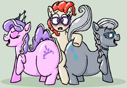 Size: 654x452 | Tagged: safe, artist:secretgoombaman12345, diamond tiara, silver spoon, twist, chubby diamond, fat, impossibly large butt, plot sandwich, raised tail, tail