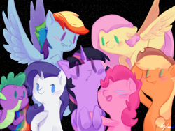 Size: 1600x1200 | Tagged: safe, artist:ryano-0, derpibooru import, applejack, fluttershy, pinkie pie, rainbow dash, rarity, spike, twilight sparkle, twilight sparkle (alicorn), alicorn, dragon, earth pony, pegasus, pony, unicorn, ><, black background, blushing, cute, eyes closed, female, hug, male, mane seven, mane six, mare, open mouth, simple background