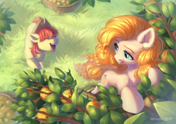 Size: 2048x1448 | Tagged: safe, artist:fenwaru, derpibooru import, bright mac, pear butter, earth pony, pony, brightbutter, cute, ear fluff, eyes closed, female, male, mare, open mouth, pear tree, shipping, stallion, straight, tree