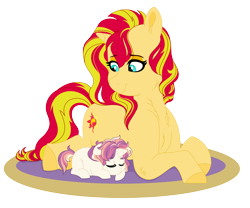 Size: 6624x5520 | Tagged: safe, artist:rosebuddity, derpibooru import, sunset shimmer, oc, pony, unicorn, absurd resolution, baby, baby pony, female, implied twilight sparkle, magical lesbian spawn, mother and child, mother and daughter, offspring, parent and child, parent:sunset shimmer, parent:twilight sparkle, parents:sunsetsparkle, prone, simple background, transparent background