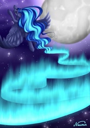 Size: 1024x1457 | Tagged: safe, artist:nuumia, derpibooru import, princess luna, alicorn, pony, aurora borealis, moon, solo