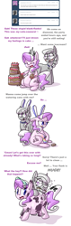 Size: 954x3032 | Tagged: safe, artist:secretgoombaman12345, diamond tiara, silver spoon, ask chubby diamond, ask, bunny ears, cake, fat, tumblr, zap apple jam