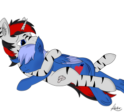 Size: 2000x1800 | Tagged: safe, artist:thekamko, derpibooru exclusive, derpibooru import, oc, oc only, oc:diamond brit, oc:kamko blueblood, bat pony, dracony, dragon, hybrid, pony, zebra, zebracorn, cuddling, gay, lying down, male, oc x oc, shipping, simple background, smiling, transparent background