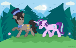 Size: 2150x1380 | Tagged: safe, artist:pink-pone, derpibooru import, doctor whooves, starlight glimmer, unicorn, eyes closed