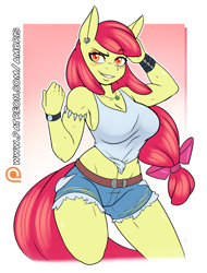 Size: 1280x1686 | Tagged: safe, artist:ambris, apple bloom, anthro, earth pony, abs, adult, apple bloom's bow, apple bloomed, apple brawn, applebucking thighs, armband, armlet, armpits, belt, biceps, big breasts, blushing, bow, bracelet, breasts, cleavage, clothes, colored pupils, confident, daisy dukes, denim shorts, ear piercing, earring, eyeshadow, female, front knot midriff, gradient background, grin, hair bow, jewelry, looking at you, makeup, midriff, muscles, muscular female, necklace, older, older apple bloom, patreon, patreon logo, piercing, raised eyebrow, sexy, shirt, shorts, simple background, smiling, smirk, smug, solo, sultry pose, tail, tanktop, teenager, torn clothes, watch, white background, wristband, wristwatch