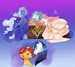 Size: 1577x1400 | Tagged: safe, artist:bunnari, derpibooru import, princess celestia, princess luna, shining armor, sunset shimmer, alicorn, pegasus, pony, unicorn, alternate design, alternate universe, female, infidelity, male, missing horn, shiningshimmer, shipping, sleeping, species swap, straight, unicorn luna