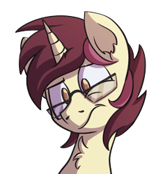 Size: 967x1080 | Tagged: safe, artist:piemations, derpibooru import, oc, oc only, oc:ambiguity, pony, unicorn, bust, confused, glasses, no pupils, portrait, simple background, solo, transparent background