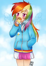 Size: 911x1301 | Tagged: safe, artist:heveagoodday, derpibooru import, rainbow dash, human, anime, blushing, clothes, cute, cutie mark, cutie mark on clothes, dashabetes, drink, drinking, female, floating wings, hand in pocket, hoodie, humanized, skirt, soda can, solo, wings