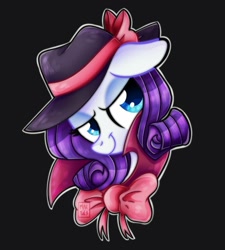 Size: 900x1000 | Tagged: safe, artist:heveagoodday, artist:meqiopeach, derpibooru import, rarity, pony, unicorn, rarity investigates, black background, bow, bust, clothes, detective rarity, female, floppy ears, hat, mare, portrait, simple background, solo