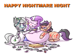 Size: 1084x782 | Tagged: safe, artist:secretgoombaman12345, diamond tiara, scootaloo, silver spoon, ask chubby diamond, ask, belly dancer, costume, fat, glasses, nightmare night, stuffed, tumblr