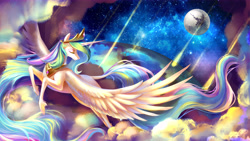 Size: 11339x6378 | Tagged: safe, artist:shu-jeantte, derpibooru import, princess celestia, alicorn, pony, absurd resolution, earth, female, flying, mare, mare in the moon, meteor, moon, solo, space