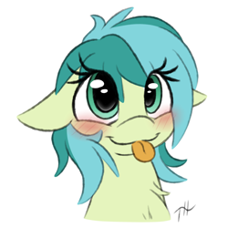 Size: 3250x3250 | Tagged: safe, artist:fakskis, derpibooru import, sandbank, sandbar, earth pony, pony, 30 minute art challenge, blushing, bust, chest fluff, colored sketch, cute, eye clipping through hair, female, filly, floppy ears, hnnng, portrait, rule 63, rule63betes, sandabetes, sketch, solo, tongue out