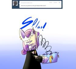 Size: 975x887 | Tagged: safe, artist:secretgoombaman12345, sweetie belle, ask chubby diamond, ask, meanie belle, pie, pied, tumblr