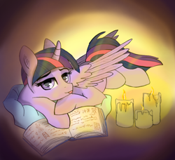 Size: 808x736 | Tagged: safe, artist:rainbowfoxxy, derpibooru import, twilight sparkle, twilight sparkle (alicorn), alicorn, pony, book, candle, pillow, solo, tongue out