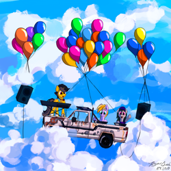 Size: 7200x7200 | Tagged: safe, artist:hyper dash, derpibooru import, oc, oc only, oc:faulty, oc:john kenza, oc:metajoker, pony, balloon, car, cloud, midair pony fair, speakers