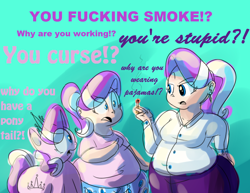 Size: 1154x892 | Tagged: safe, artist:secretgoombaman12345, diamond tiara, ask chubby diamond, ask, bbw, cigarette, fat, human ponidox, humanized, impossibly large butt, multeity, older, self ponidox, smoking, tumblr, vulgar