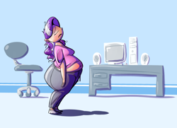 Size: 1280x926 | Tagged: safe, artist:secretgoombaman12345, diamond tiara, human, ask chubby diamond, ass, bad hair, belly, belly button, chubby diamond, fat, humanized, muffin top, solo