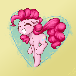 Size: 2000x2000 | Tagged: safe, artist:astery, derpibooru import, pinkie pie, earth pony, pony, abstract background, cheek fluff, chest fluff, cute, diapinkes, ear fluff, eyes closed, floppy ears, fluffy, heart, high res, leg fluff, smiley face, smiling, solo