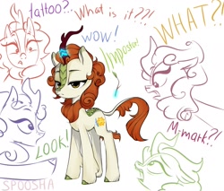 Size: 1550x1320 | Tagged: safe, artist:spoosha, derpibooru import, autumn blaze, kirin, cutie mark, dialogue, english, glowing horn, horn, stick, surprised