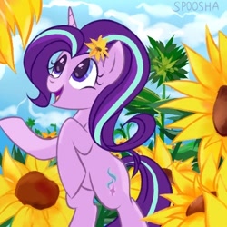 Size: 500x500 | Tagged: safe, artist:spoosha, derpibooru import, starlight glimmer, pony, unicorn, cloud, flower, flower in hair, sky, solo, standing, sunflower