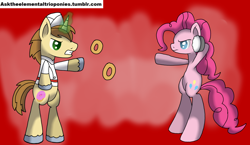 Size: 1280x742 | Tagged: safe, artist:novaspark, donut joe, pinkie pie, pony, 30 minute art challenge, bipedal, donut