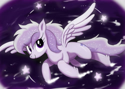 Size: 3508x2480 | Tagged: safe, artist:neoshrek, derpibooru import, oc, oc only, oc:starstorm slumber, pegasus, pony, female, flying, hoof fluff, looking at you, mare, night, night sky, sky, smiling, solo, spread wings, stars, wings