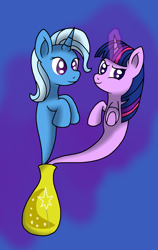 Size: 1959x3097 | Tagged: safe, artist:novaspark, trixie, twilight sparkle, female, genie, lesbian, shipping, twixie