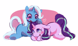 Size: 4096x2448 | Tagged: safe, artist:cherivinca, derpibooru import, starlight glimmer, trixie, pony, unicorn, abstract background, blushing, chibi, colored pupils, cute, female, floppy ears, heart, lesbian, mare, prone, shipping, smiling, startrix