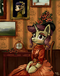 Size: 2225x2805 | Tagged: safe, artist:amy-gamy, derpibooru import, oc, oc only, oc:lavrushka, pony, unicorn, bust, chair, clothes, dress, female, flower hat, hat, indoors, looking at you, mare, painting, portrait, sitting, solo, three quarter view, victorian