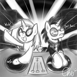 Size: 900x900 | Tagged: safe, artist:nekocrispy, dj pon-3, neon lights, rising star, vinyl scratch, pony, unicorn, monochrome