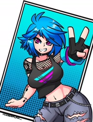 Size: 1000x1310 | Tagged: safe, alternate version, artist:ciderpunk, derpibooru import, dj pon-3, vinyl scratch, human, abstract background, adorasexy, armpits, bangles, belly button, breasts, cleavage, clothes, colored pupils, cute, cyberpunk, eyebrows visible through hair, female, fingerless gloves, fishnets, gloves, humanized, jeans, looking at you, midriff, pants, peace sign, ripped jeans, sexy, smiling, solo, torn clothes, vinylbetes