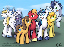 Size: 3300x2400 | Tagged: safe, artist:nekocrispy, big macintosh, braeburn, caramel, fancypants, hoity toity, prince blueblood, shining armor, soarin', earth pony, pegasus, pony, unicorn, caramel is awesome, lidded eyes, looking at each other, male, open mouth, raised eyebrow, smiling, spread wings, stallion, unshorn fetlocks, wings