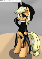 Size: 2546x3509 | Tagged: safe, artist:novaspark, applejack, earth pony, pony, semi-anthro, eyepatch, gun, shotgun, solo, weapon