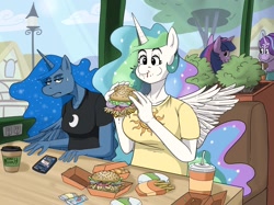 Size: 2732x2048 | Tagged: safe, artist:nosch, derpibooru import, princess celestia, princess luna, starlight glimmer, twilight sparkle, alicorn, anthro, unicorn, burger, cellphone, clothes, cup, cute, eating, ethereal mane, female, food, french fries, hay burger, hay fries, luna is not amused, mare, phone, royal sisters, shirt, smartphone, spread wings, t-shirt, unamused, wings