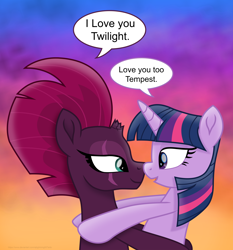 Size: 5900x6340 | Tagged: safe, artist:ejlightning007arts, derpibooru import, fizzlepop berrytwist, tempest shadow, twilight sparkle, unicorn, broken horn, eye scar, female, horn, i love you, implied kissing, lesbian, looking at each other, romantic, scar, shipping, speech bubble, sunset, tempestlight