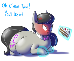 Size: 1280x1056 | Tagged: safe, artist:secretgoombaman12345, octavia melody, earth pony, pony, angry, blushing, cake, chubby, cross-popping veins, fat, fatavia, magic, scrunchy face, solo