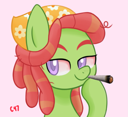 Size: 829x759 | Tagged: safe, artist:handgunboi, derpibooru import, tree hugger, earth pony, pony, blunt, bust, colored pupils, female, high, mare, portrait, simple background, solo