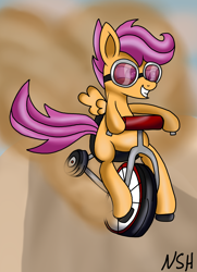 Size: 2546x3509 | Tagged: safe, artist:novaspark, scootaloo, bicycle, goggles, solo