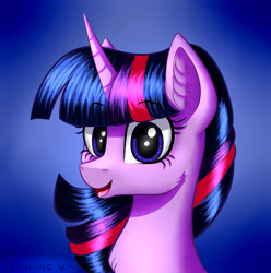 Size: 2970x3000 | Tagged: safe, artist:brilliant-luna, derpibooru import, twilight sparkle, pony, blue background, bust, cheek fluff, chest fluff, cute, female, high res, looking at you, open mouth, portrait, simple background, smiling, solo, twiabetes, wrong eye color