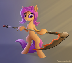 Size: 1694x1500 | Tagged: safe, artist:foxpit, derpibooru import, oc, oc only, oc:amethyst arkin, earth pony, pony, abstract background, bipedal, cheek fluff, crepuscular rays, female, mare, not scootaloo, scythe, smiling, solo, weapon