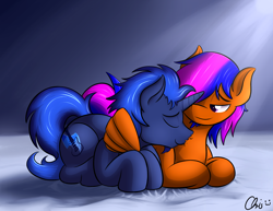 Size: 3300x2550 | Tagged: safe, artist:nekocrispy, oc, oc only, oc:axlebolt, oc:scribbsie, pegasus, pony, unicorn, cuddling, gay, hug, male, nuzzling, snuggling, winghug